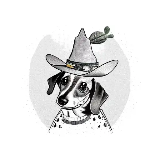 A New-school Style Tattoo Of A Dachshund Wearing A Cowboy Hat Riding A Cactus In Texas Tattoo