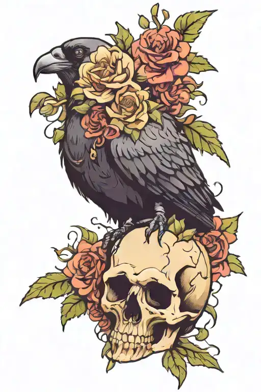 Flowers Covering A Crow Skull Tattoo