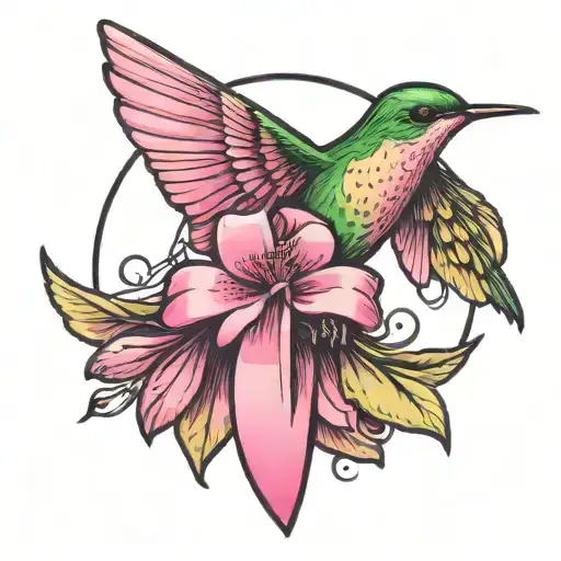 Breast Cancer Ribbon Around A Hummingbird Tattoo