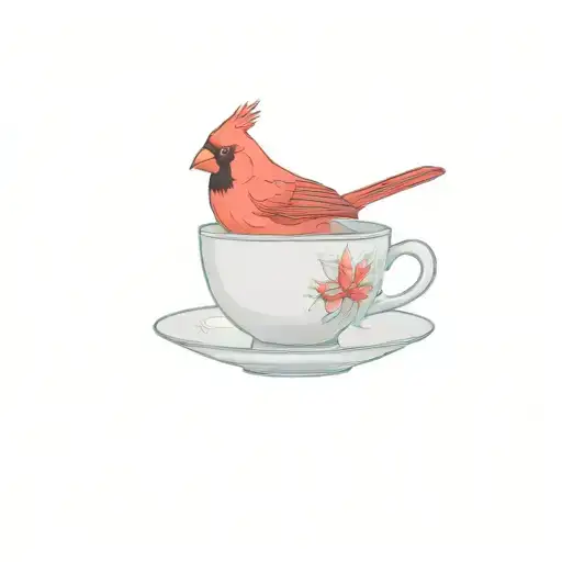 Red Cardinal Bird Rested On The Rim Of A Teacup