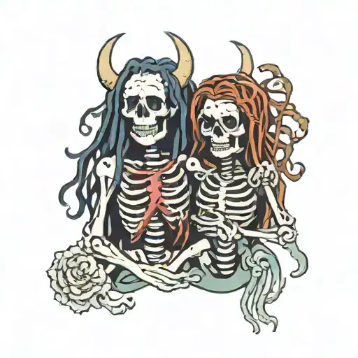 Skeleton With Dreads Holding Hands With A Demon Girl