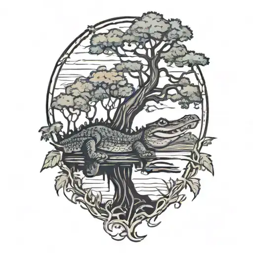 Alligator Under Live Oak Tree With Spanish Moss At Sunset