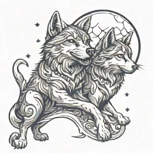 Cat And Wolf Howling At The Moon