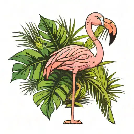 Flamingo And Cardinal With Oak Leaf And Palm Tree