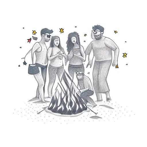 A Group Of Friends Huddled Around A Bonfire On The Beach