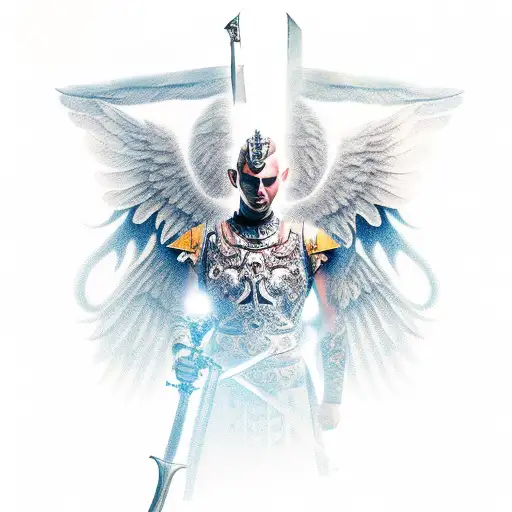 Warrior With Wings And Sword Stay On The Knee And Looking In The Ground