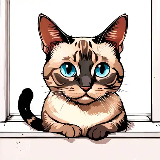 Fat Lynx Point Siamese Cat With Big Blue Eyes Sitting On A Window Sill