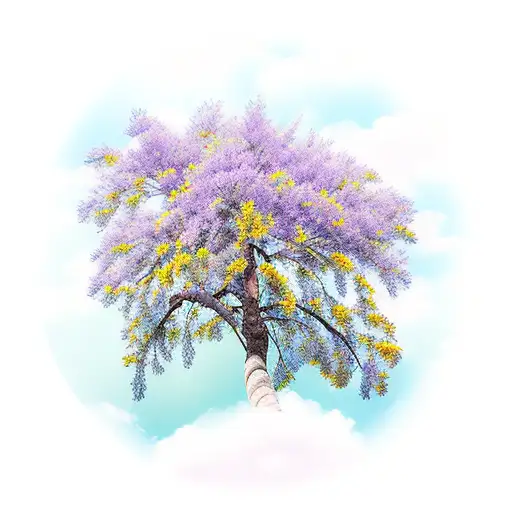 Pine Tree With Jacaranda Tree And Sunflowers