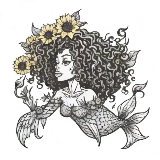 Afro Mermaid With Sunflowers Growing