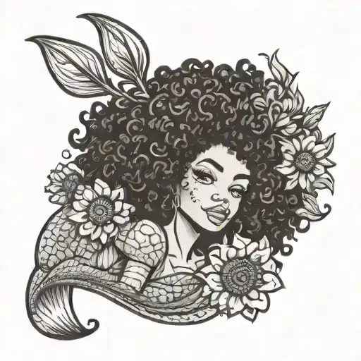 Afro Mermaid Swimming With Sunflowers