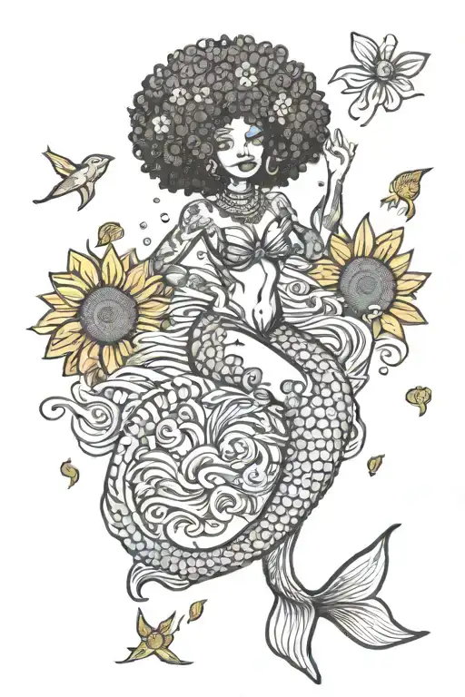 Afro Mermaid Swimming With Sunflowers