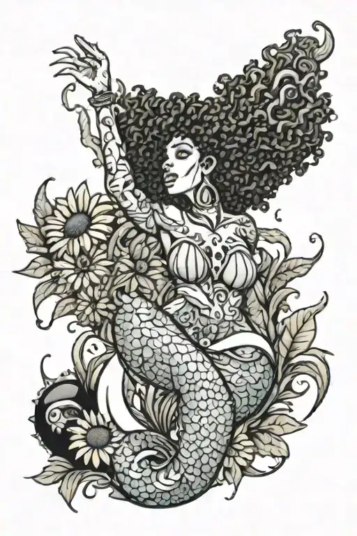 Afro Mermaid Swimming With Sunflowers