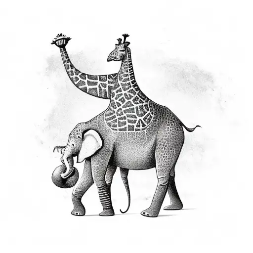 Giraffe Standing On An Elephant With Boxing Gloves On Its Trunk