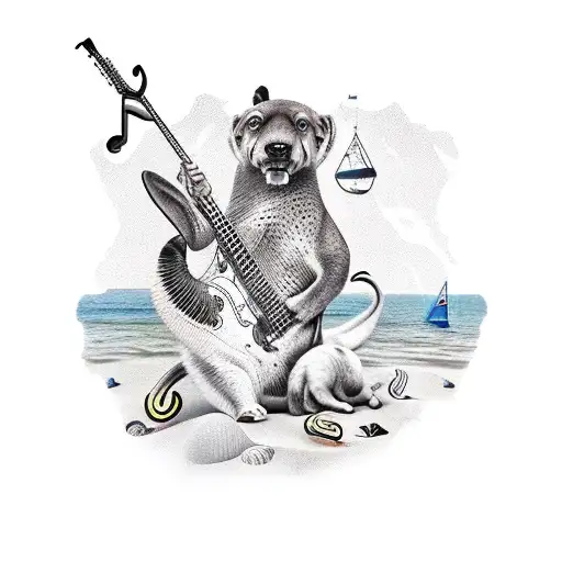 A New-school Tattoo Of A Beach Scene With Animals Playing Musical Instruments