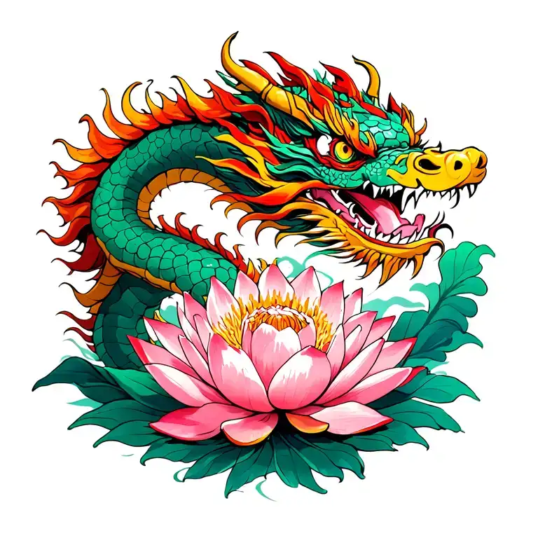 Chines Dragon Above Lotus Flower