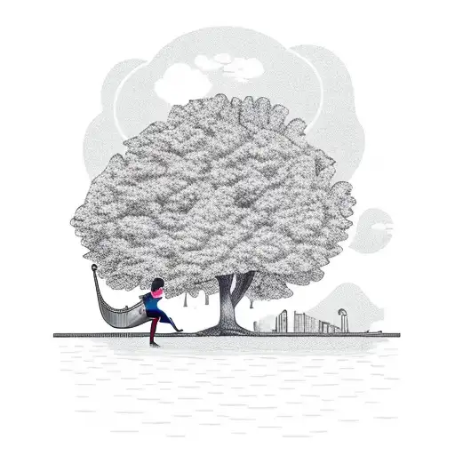 A Person Playing The Harp Under A Tree By A River