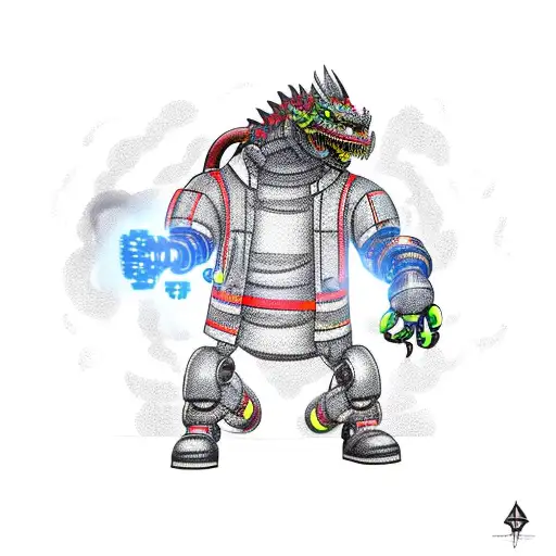 A Cyberpunk Firefighter Battling A Robotic Dragon