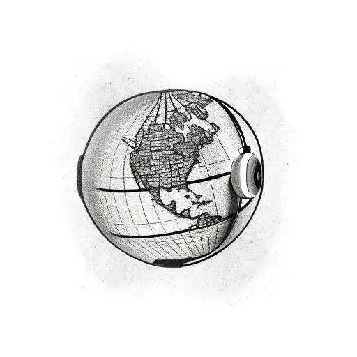 A New-school Tattoo Of A Globe With Film Strips Wrapped Around It And Headphones On Top