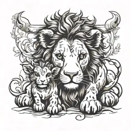 Lion Baby Next To A Baby Cow