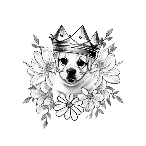 A Minimalist Tattoo Of A Cute Puppy Wearing A Crown Of Flowers