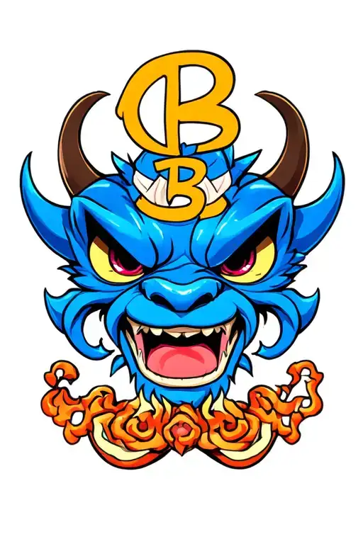 An Ultra Realism Blue Japenese Oni On A Chest With The Letter B In Upper Case On The Forehead