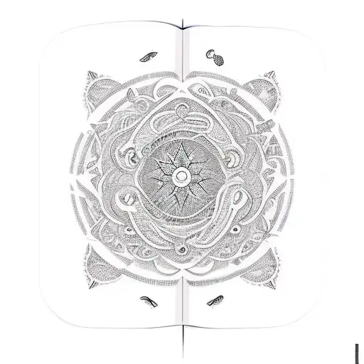 A Minimalist Tattoo Of A Book With Intricate Celestial Patterns On Its Pages
