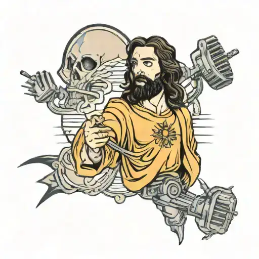 A New-school Tattoo Of Jesus With A Microphone In Hand And Emo Inspired Tattoos On His Arms