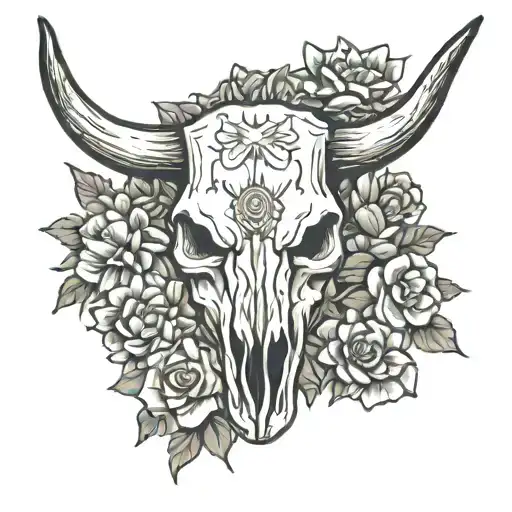 Bull Skull Surrounded By Texas Flowers And Cactus