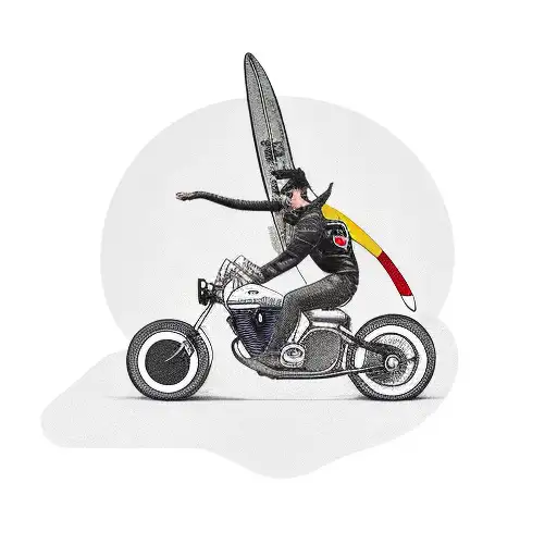 A Bobber Motorcycle With Surfboard Racks And A Cat Riding Pillion