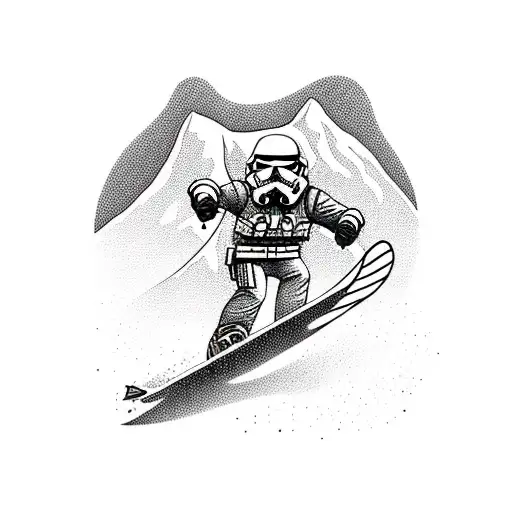 A Blackwork Tattoo Of A Snowboarding Stormtrooper Conquering A Mountain Peak