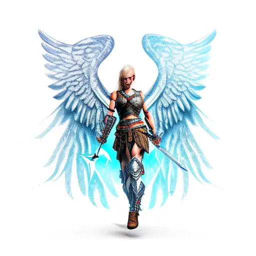 Warrior With Wings And Sword Stay On The Knee And Looking In The Ground