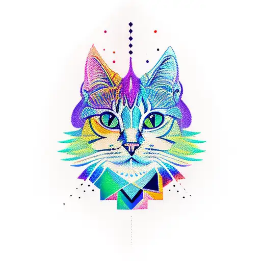 A New-school Style Tattoo Of A Cat With Vibrant Colors And Geometric Patterns