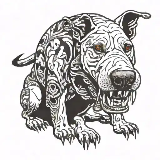 Bull Terrier Sits With Teeth Bared