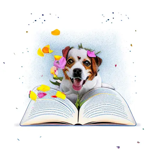An Open Book With Flower Petals Falling Out And A Dog Lying On Top