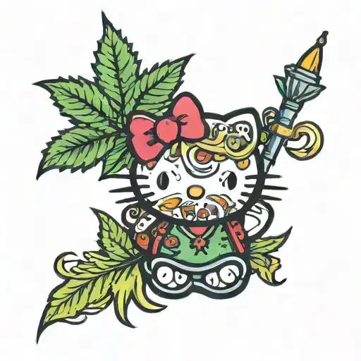 Cannabis Hello Kitty Full Color Tattoo Design Featuring