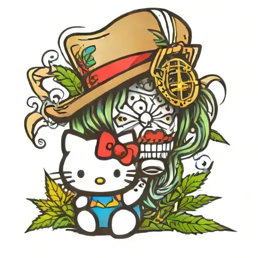 Hello Kitty Smoking Cannabis Full Color Tattoo Design Featuring