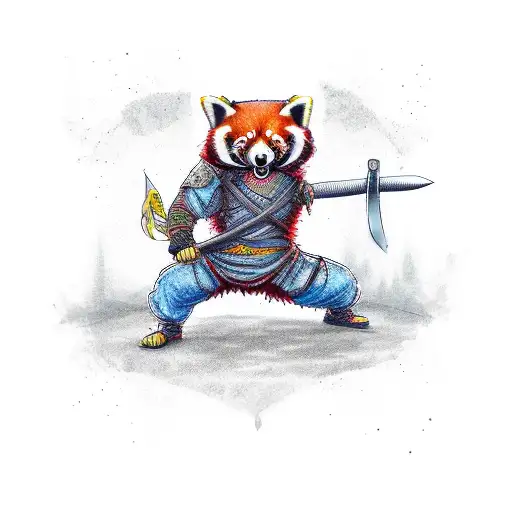 Ninja Red Panda Fighting Stance With Sword