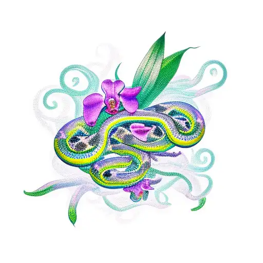 A New-school Design Featuring A Snake Intertwined With Vibrant Orchids And Lilies