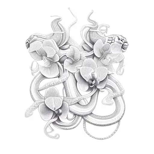 A New-school Design Featuring A Snake Intertwined With Vibrant Orchids
