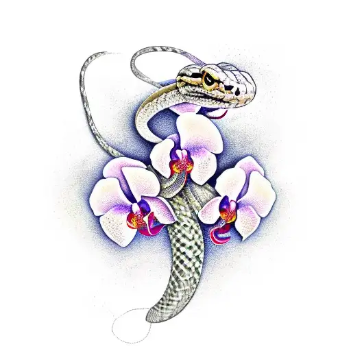 Featuring A Snake Intertwined With Vibrant Orchids