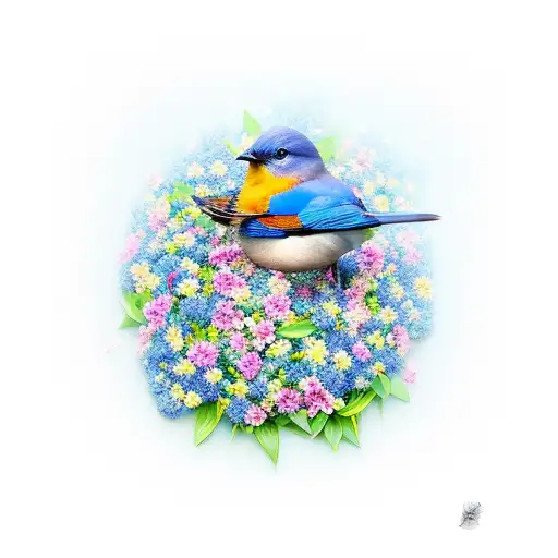 Blue Bird In Bed Of Flowers