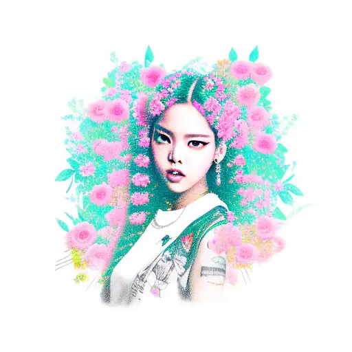 A Portrait Of Lisa From Blackpink With A Background Of Musical Notes And Flowers