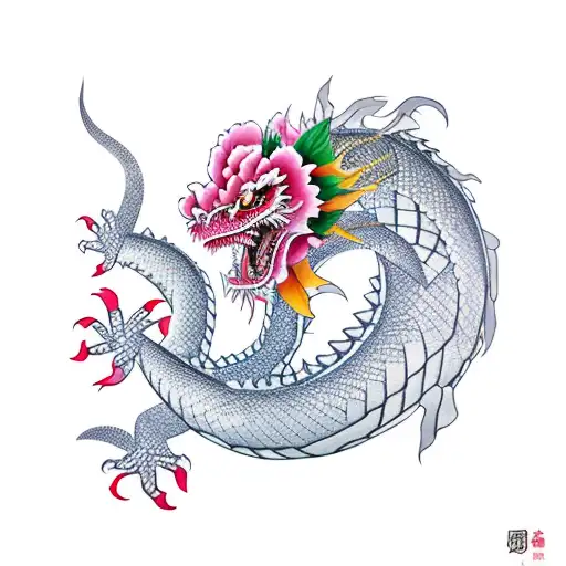 Japanese Dragon With Peony Flowers