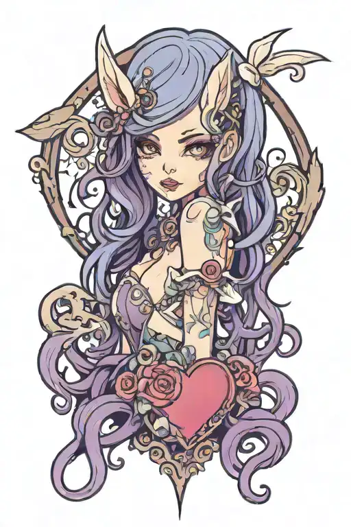 A Beautiful Girl With Long Eyes And Purple Hair With A Rabbit Written On Her Heart