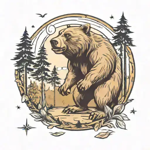 Brown Bear Standing On Hind Legs In Forest Against Moon Background