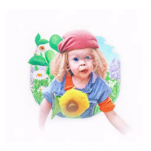 Realistic Portrayal Of A Daycare Scene With Animals And Children Playing Amongst Flowers