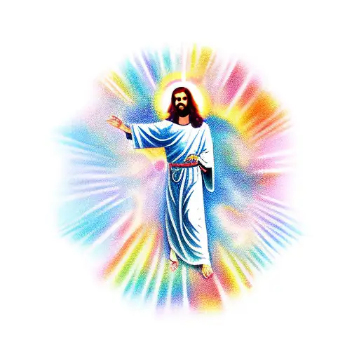 A Colorful And Vibrant Tattoo Of Jesus Holding An Open Bible With Rays Of Light Emanating From It