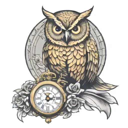 Golden Owl Holding A Clock