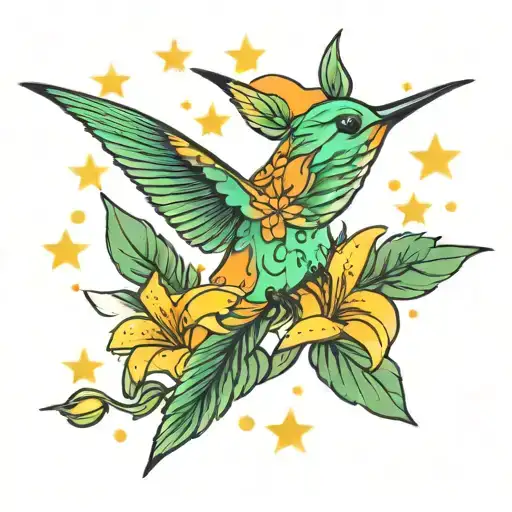 Hummingbird Orange Flowers And Stars