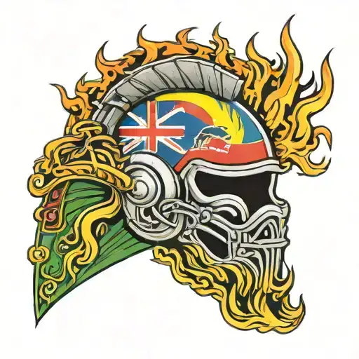 Hawaiian Flag And Ikaika Helmet Engulfed In Flames